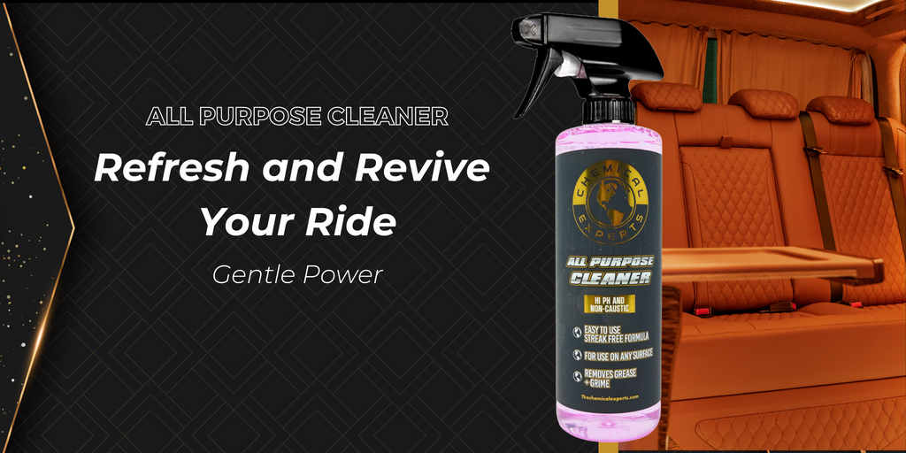 Luxury car interior cleaning with All-Purpose Cleaner, showcasing refreshed and revitalized leather seats for premium vehicle care.