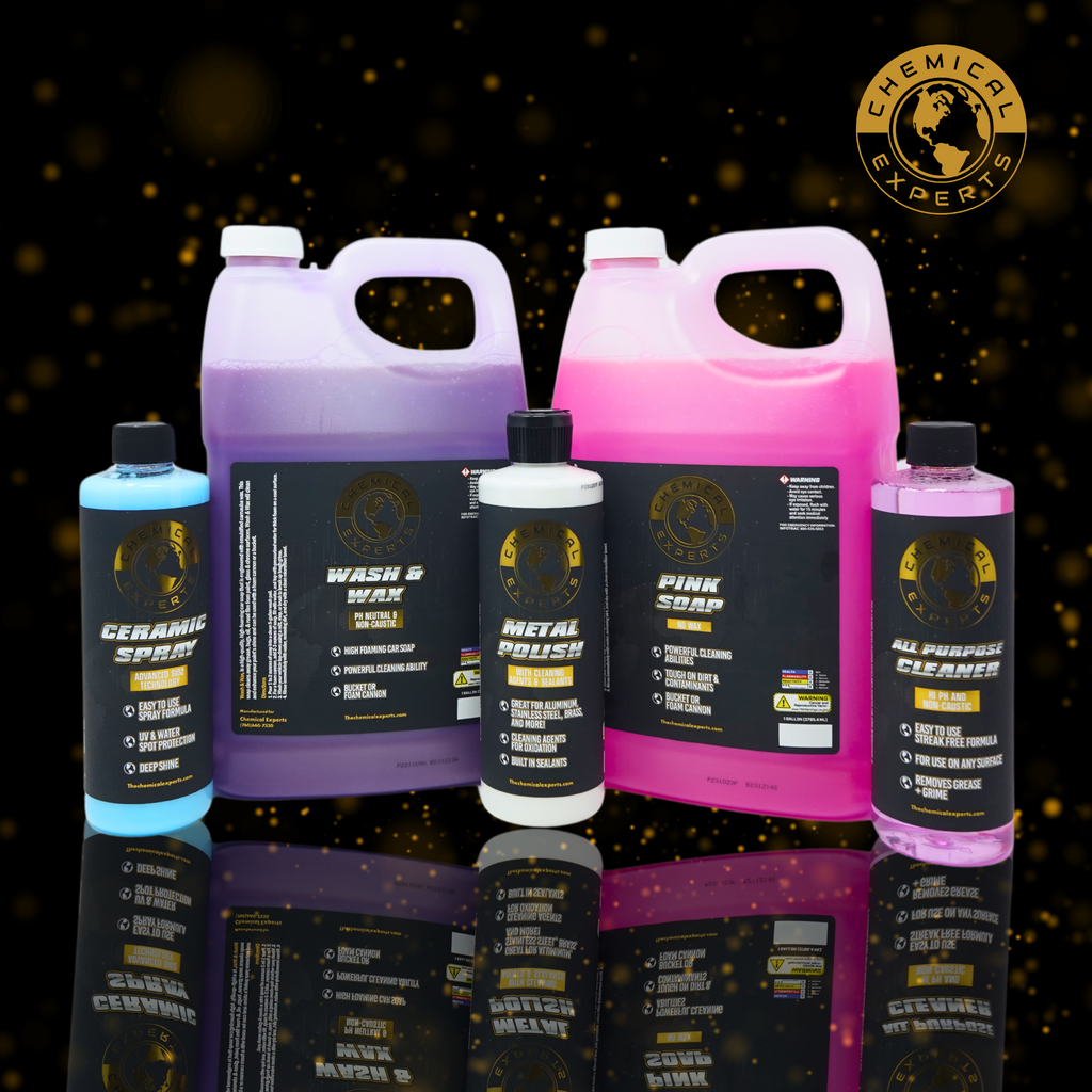 Ultimate Shine Trio bundle from Chemical Experts, featuring Ceramic Detail Spray, All Purpose Cleaner, and Metal Polish bottles, for comprehensive car care and a flawless finish.