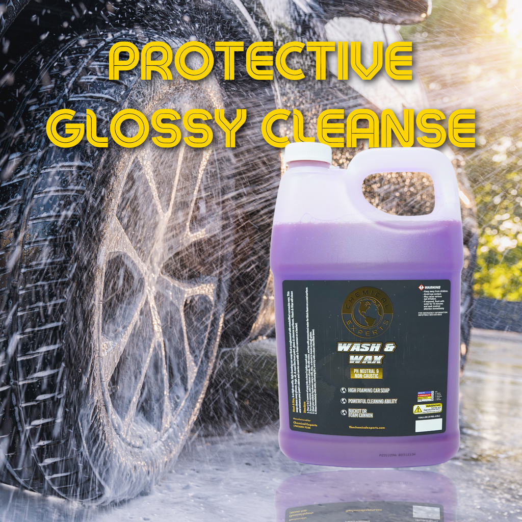 Car tire and wheel submerged in rich foam from Chemical Experts Wash & Wax, showcasing the product's protective glossy cleanse and intense foaming action.